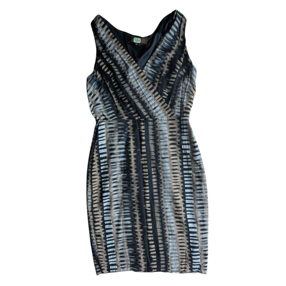Eva Franco Sheath Dress Black Tan Ikat Print Sleeveless Sz 6 Chic Abstract Mod